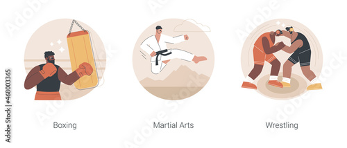 Combat sport abstract concept vector illustration set. Boxing, martial arts, wrestling training, boxer glove and ring, fight club, karate class, self-defense, professional fighter abstract metaphor.