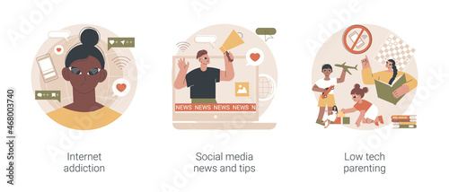 Living online abstract concept vector illustration set. Internet addiction, social media news and tips, low tech parenting, digital overload, screen time limits, internet overuse abstract metaphor.