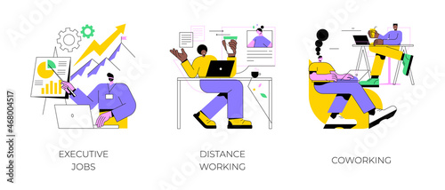 Job opportunity abstract concept vector illustration set. Executive jobs, distance working, coworking, professional growth, online team meeting, shared office space, collaboration abstract metaphor.