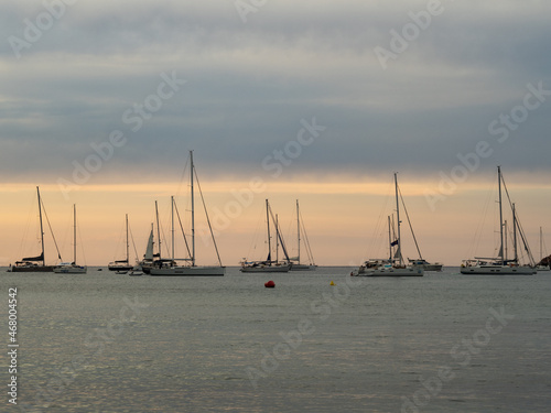 Sailboats during a sunset at sea