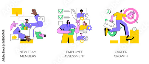 Career development abstract concept vector illustration set. New team members, employee assessment, career growth, performance review, SWOT analysis, job position, project team abstract metaphor.
