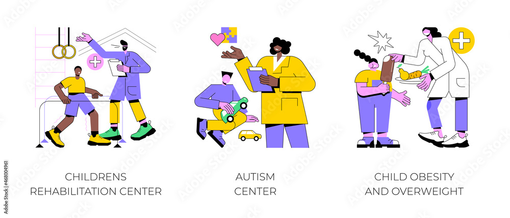 Children healthcare service abstract concept vector illustration set. Childrens rehabilitation center, autism center, child obesity and overweight, special needs pediatric help abstract metaphor.