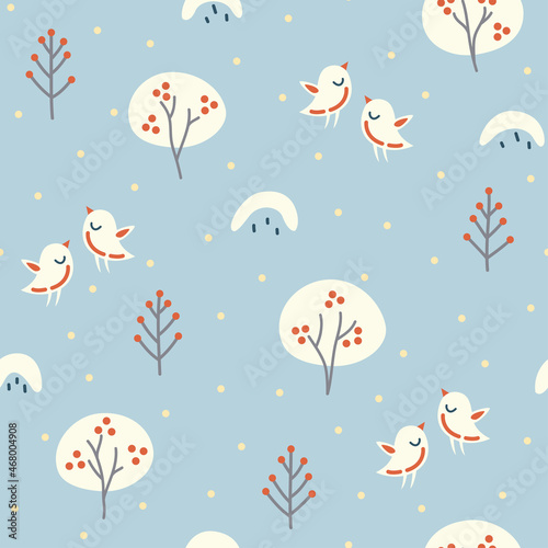 Seamless pattern with bullfinches, snowdrifts and mountain ash. Winter background in cartoon style. Christmas wrapping paper design.