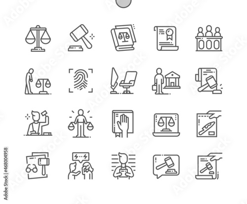 Law and justice. Judge chair. Conflict, criminal, fingerprint and verdict. Online justice. Law book. Pixel Perfect Vector Thin Line Icons. Simple Minimal Pictogram