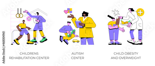 Children healthcare service abstract concept vector illustration set. Childrens rehabilitation center, autism center, child obesity and overweight, special needs pediatric help abstract metaphor.