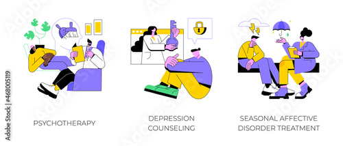 Mental health abstract concept vector illustration set. Psychotherapy, depression counseling, seasonal affective disorder treatment, behavioral cognitive therapy, private session abstract metaphor.