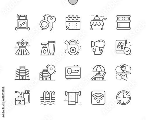 Hotel Services. Ordering food, length of stay, room key. Hotel location. Swimming pool. Do not disturb. Booking and reservation. Pixel Perfect Vector Thin Line Icons. Simple Minimal Pictogram