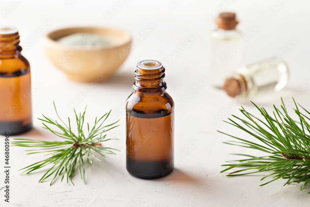 Pine essential oil in small glass bottles. Soft focus. Pine essential oil in small glass bottles. Soft focus.