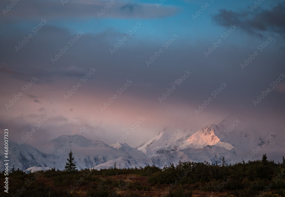The eastern shoulder of Denali (Mt. McKinley) lit up during sunrise in Denali National Park, Alaska. 