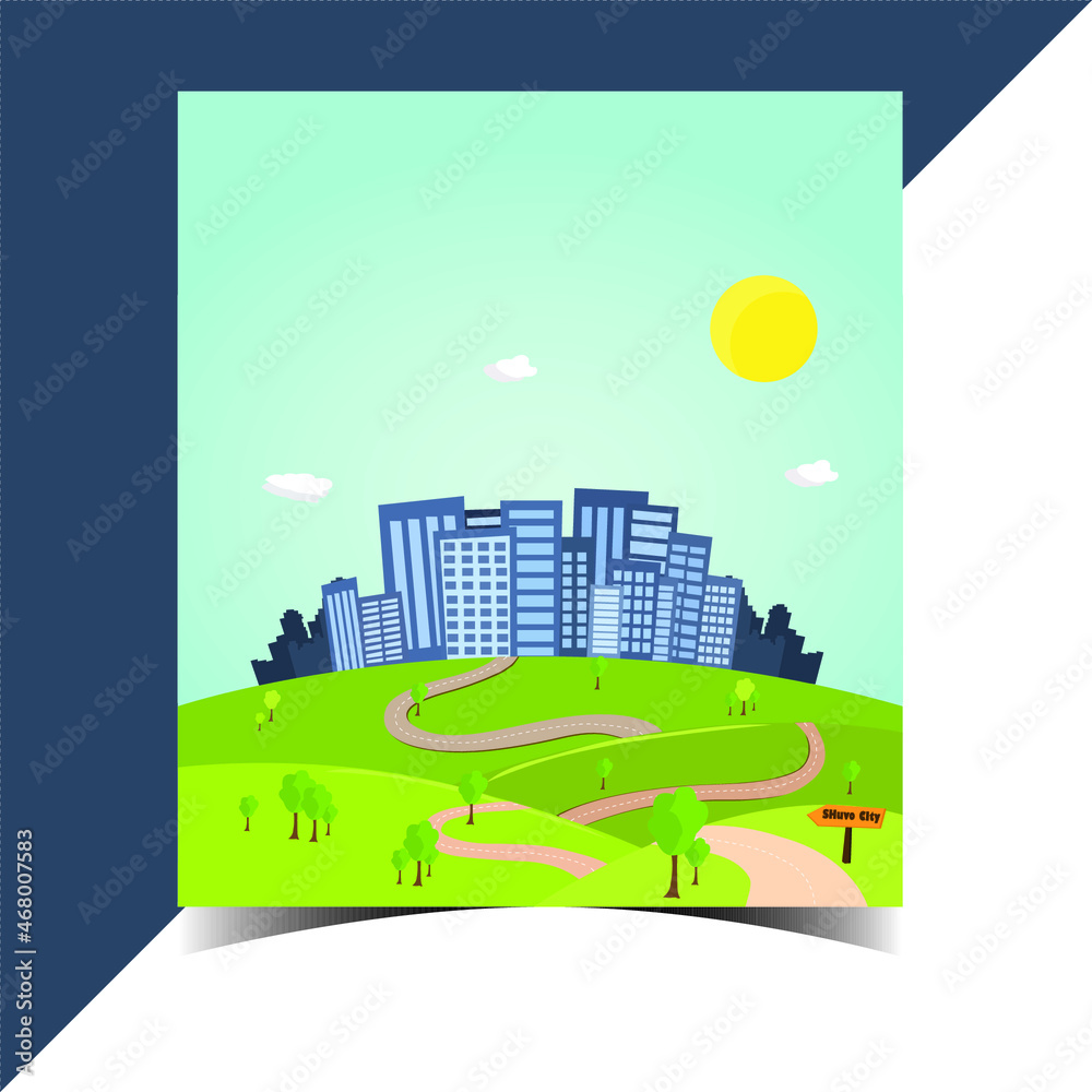 Cityscape and company buildings , minibus and van on street vector illustration.Business buildings and public road .Smart city with sky background ,Beautiful nature scene with road to city