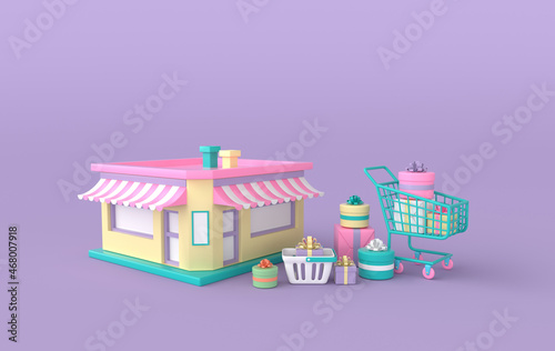 The shop building  present box  shopping basket and cart  clouds. 3d rendering illustration