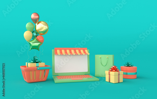 Illustration of glossy colorful balloons, shopping basket, present box, laptop, clouds and present box. Online shopping concept. 3d render © Meranna