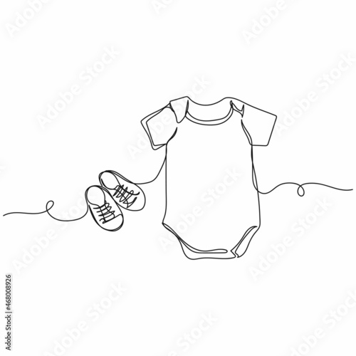 Vector continuous one single line drawing icon of baby clothes and shoes in silhouette on a white background. Linear stylized.