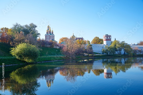 View of the Novodevichy Monastery from the pond on an autumn morning. Moscow  Russia