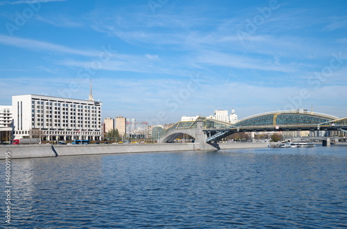Moscow, Russia - October 9, 2021: Bogdan Khmelnitsky Bridge across the Moscow-River  