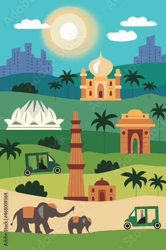 Delhi cartoon flat illustration. Delhi cartoon flat drawing. Modern style Delhi city illustration. Hand sketched poster, banner, postcard, card template for travel company, T-shirt, shirt. Vector EPS