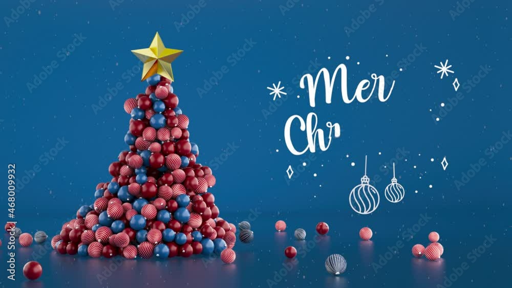 3d Christmas endless animation. Christmas tree on blue background- 3d rendering. Christmas or New Year background. Motion design, modern animated live image