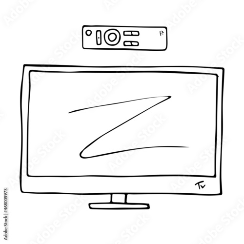 Hand Drawn TV set with remote control. Computer Screen monitor. Doodle sketch illustration