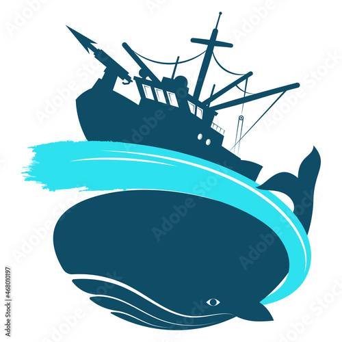 Fotografi Whaling ship whale symbol. Blue whale hunting