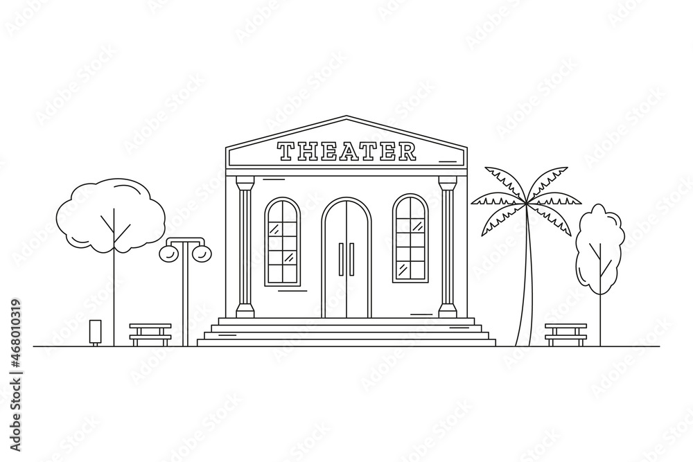 Landscape with a theater building drawn with contour lines on a white background. Culture and art. Editable stroke. Vector illustration