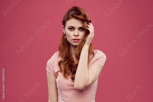 pretty woman posing cosmetics charm pink background