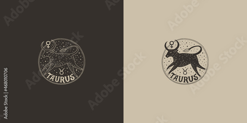 Outline zodiac sign Taurus. Astrological symbol. Horoscope. Set of two variants of logos on a dark and light background