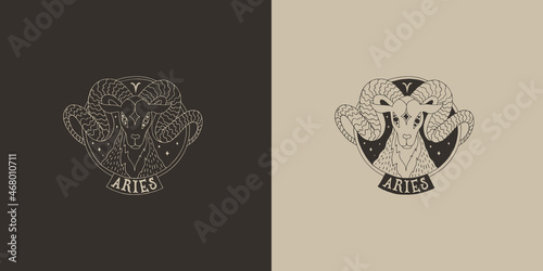 Outline zodiac sign Aries. Astrological symbol. Horoscope. Set of two variants of logos on a dark and light background