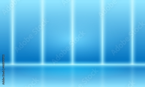Blue 3d empty studio room background to display your products. Blue clean room with empty floor and vertical highlights. Template of room interior, floor and wall. Vector illustration
