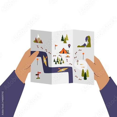Hands holding trekking and camping map. Flat vector illustration with camping sign and symbols, trekking route, river, forest.