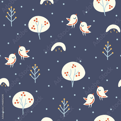 Seamless pattern with cute bullfinches in a clearing in the winter forest. Design of wrapping paper for the winter holidays.