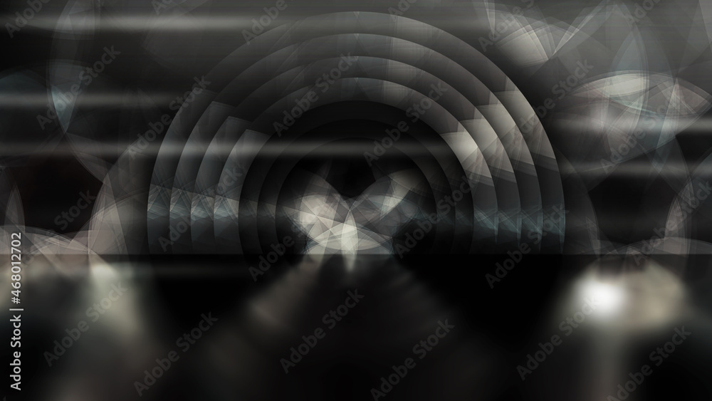 Black and white future technology vision design innovation concept. Science fiction futuristic 3D illustration. Sci fi technology pattern big hall room with lights and circle shaped. Dark background