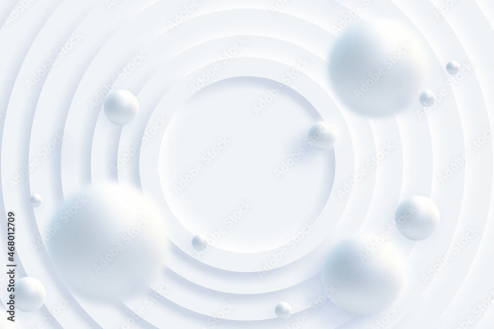 Fototapeta premium Top view of simple empty white circle podium stage background. Futuristic technology design. Abstract parametric interior. Blank opened 3D illustration mock-up. White building pale geometric pattern.