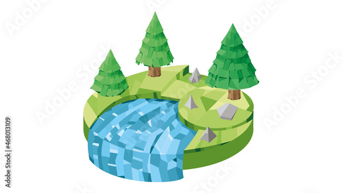 Isometric island with tree and bushes. Flying island. Island in low-poly style. photo