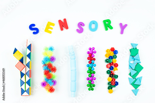 Sensory word and sensory toy for kid. Sensory training  fine motor skills  sensory integration  dysfunction and processing disorder. Sensory toy  creativity  occupational therapy