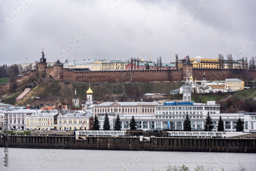 embankment of the Volga river in the city of Nizhny Novgorod on a cloudy autumn rainy day