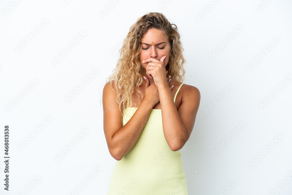 Girl with curly hair isolated on white background coughing a lot Girl with curly hair isolated on white background coughing a lot