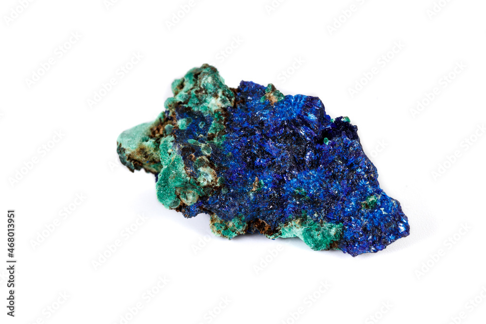 Macro mineral stone Malachite and Azurite against white background Macro mineral stone Malachite and Azurite against white background