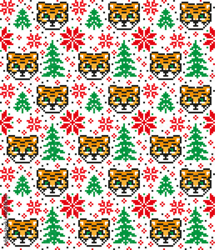 Knitted Christmas and New Year pattern in Tiger. Wool Knitting Sweater Design. Wallpaper wrapping paper textile print.