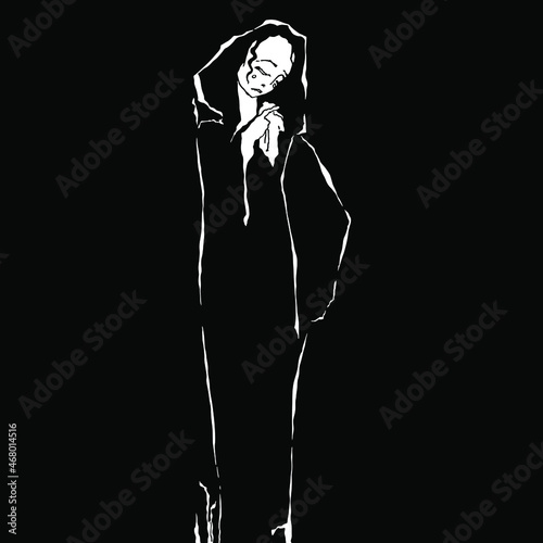 Silhouette of a crying lady. Black and white art. Hand drawn original style art.