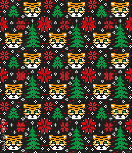 Knitted Christmas and New Year pattern in Tiger. Wool Knitting Sweater Design. Wallpaper wrapping paper textile print.