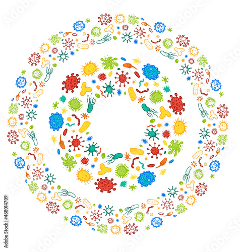 a set of bacteria round frames. bright multicolored round borders of microbes drawn in the style of hand-drawn doodles, a bacterium of different shapes with empty spaces inside for text