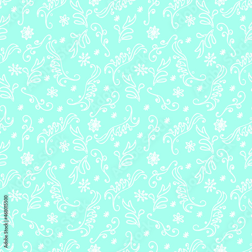 Hand-drawn seamless winter pattern with curls and snowflakes. Vector illustration for wrapping paper, greeting cards and invitations. 