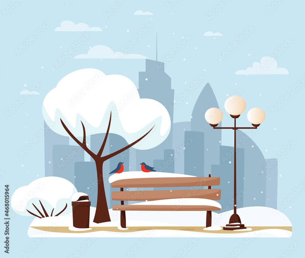 Winter city park with snow and city silhouette. Bench in winter city ...