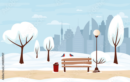 Winter city park with snow and city silhouette. Bench in winter city park, winter holidays concept in flat cartoon style. City park landscape, panoramic banner. Urban outdoor. Vector illustration