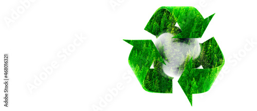 Recycle Symbol with Forest of Pine Trees on White Background Banner Copy Space