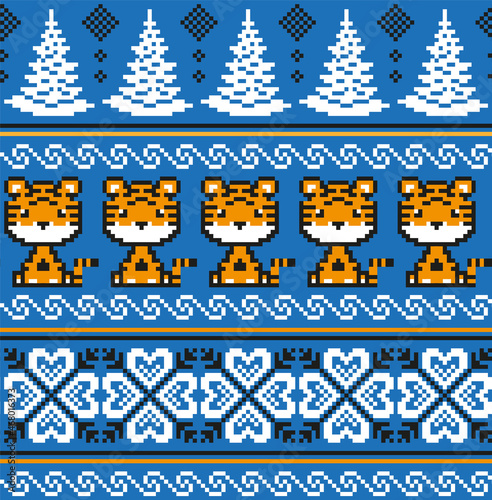 Knitted Christmas and New Year pattern in Tiger. Wool Knitting Sweater Design. Wallpaper wrapping paper textile print.