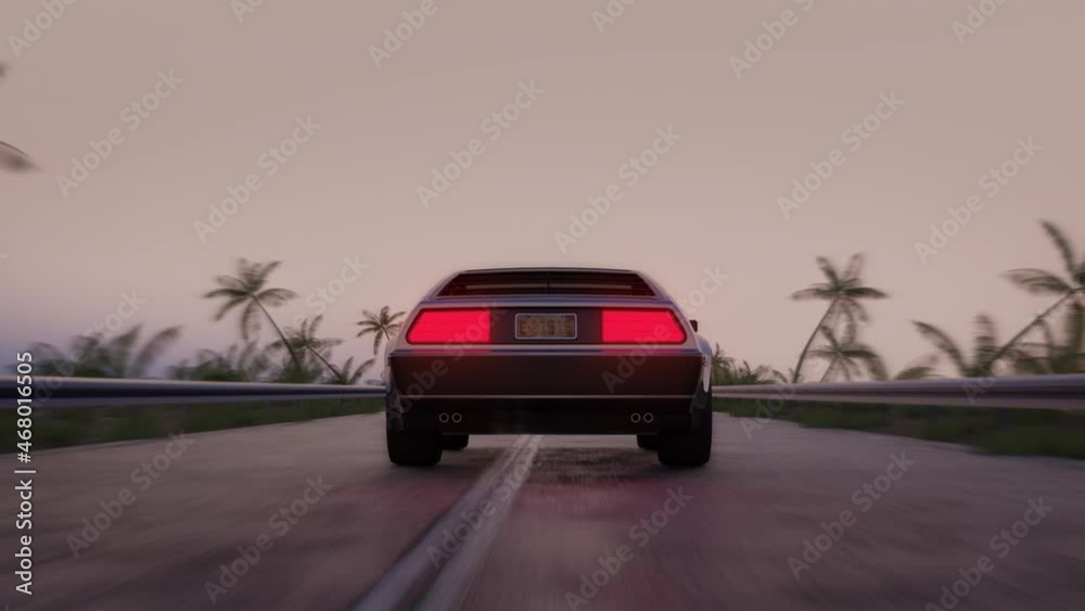 Car driving along highway. Back view. Palm alley, country road, tropical coast fast drive, trip. Summer evening. Retro futuristic car concept. Aerial view. Seamless loop realistic 3D Render animation Car driving along highway. Back view. Palm alley, country road, tropical coast fast drive, trip. Summer evening. Retro futuristic car concept. Aerial view. Seamless loop realistic 3D Render animation