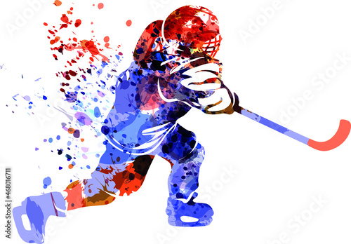 Vector watercolor silhouette of a hockey player