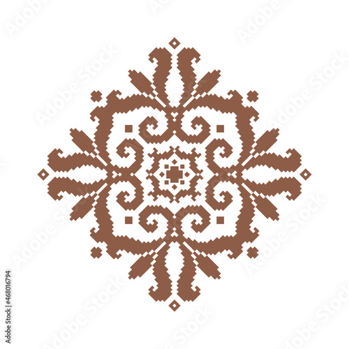 Geometric seamless pattern of brown coffee squares in a flat style ornament mandala in the form of pixels. Embroidery dotted schemes. Textile geo prints.