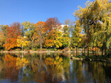 Bunte Bäume im Herbst am Teich im Doblhoff Park in Baden bei Wien, Österreich